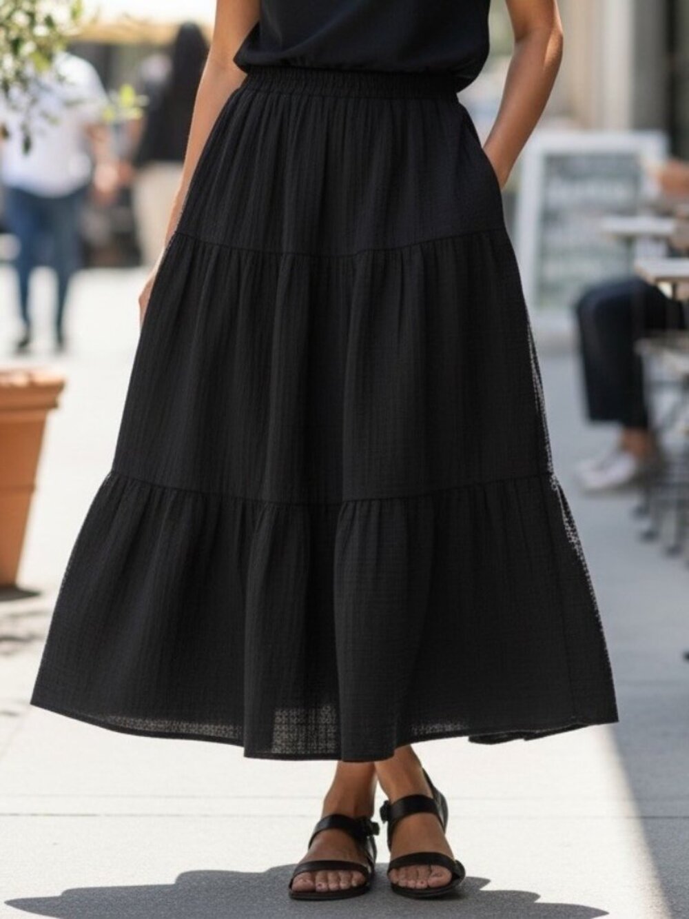Klassy Network Sz Large Black Gauzy Cottton Tiered Boho Midi Skirt
